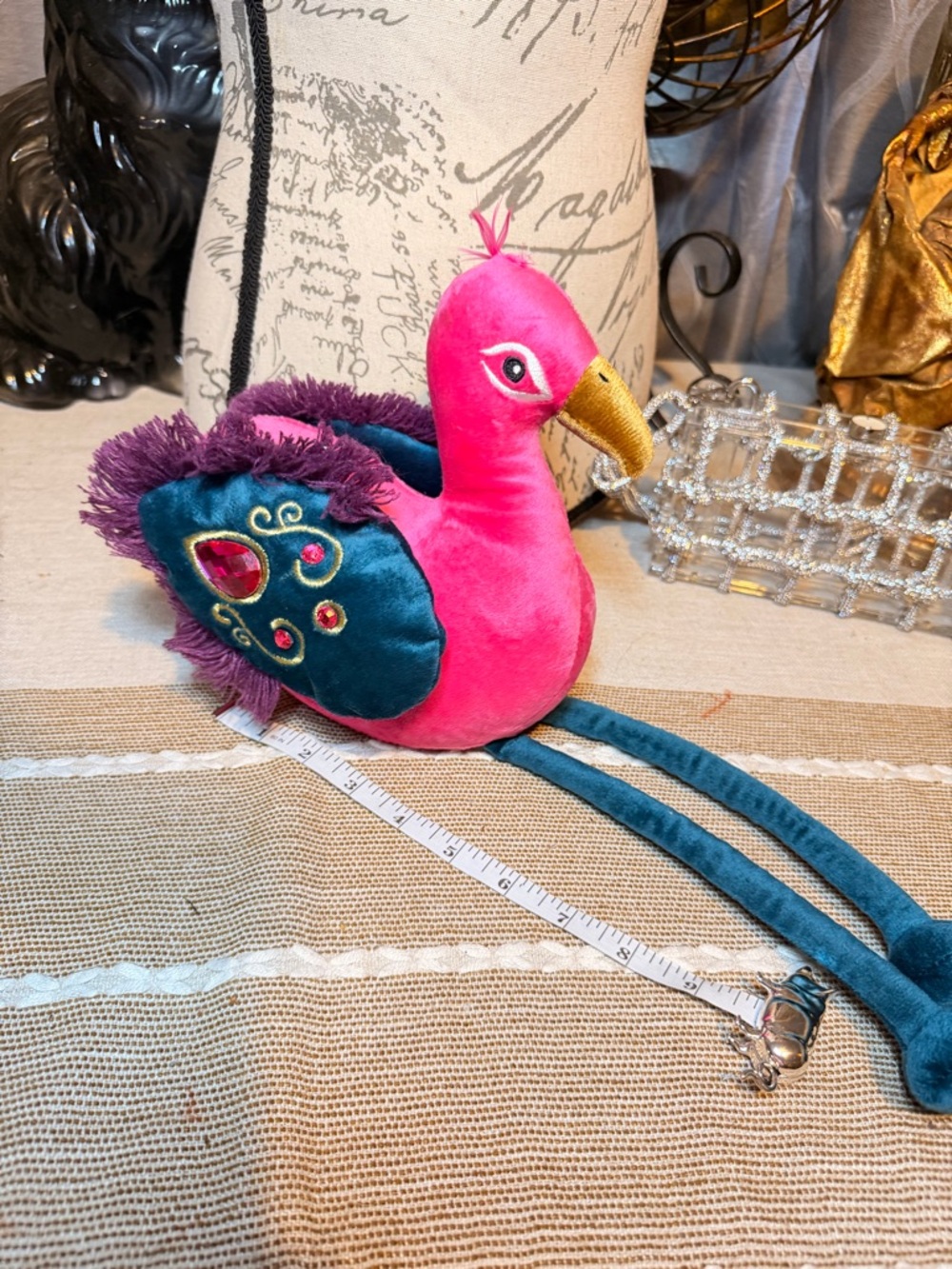 Plush Pink Teal Decorative Bird  - Soft Velvet Feather Detail